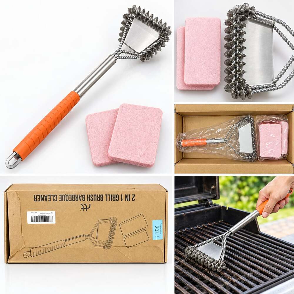🔥 2-in-1 Bristle-Free BBQ Grill Brush Scraper + 2 Replacement Pads New